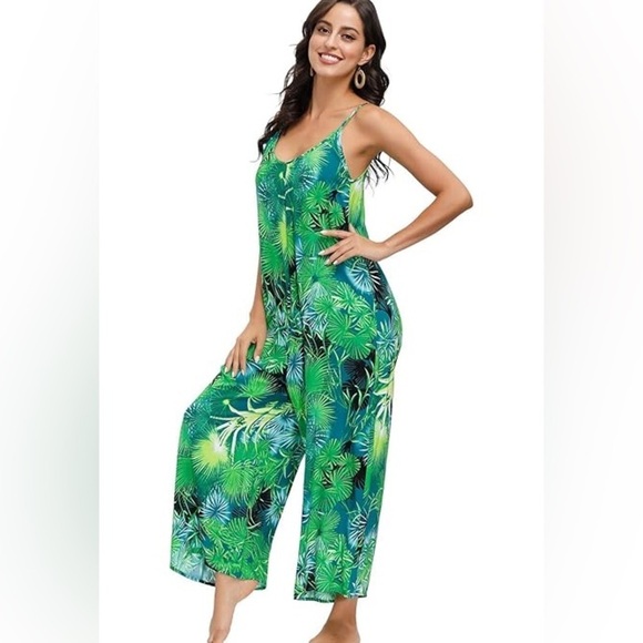 Buenos Ninos Women’s Size Large Green Tropical Print Wide Leg Romper - Picture 1 of 13
